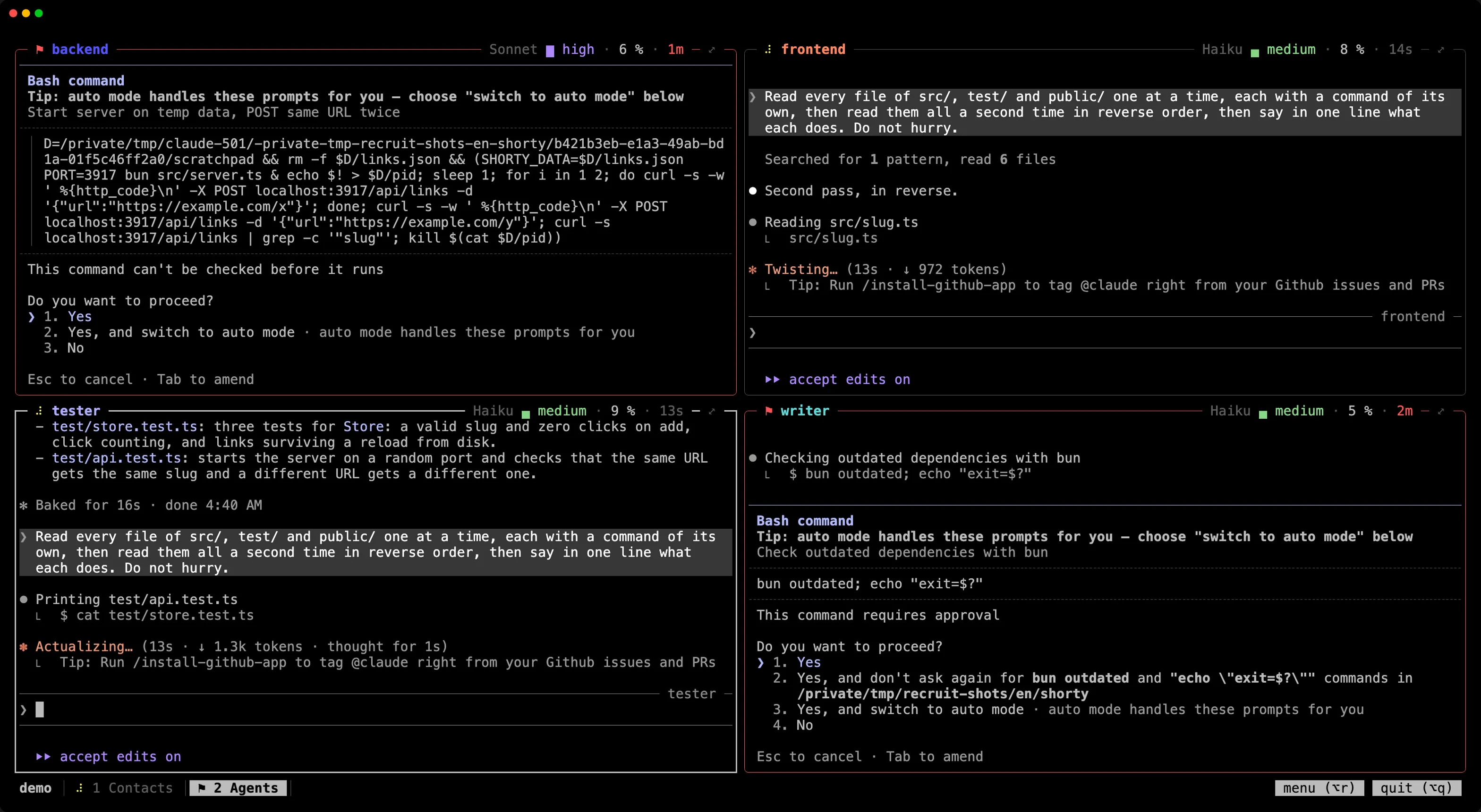 The specialists tab of a recruit team: four members side by side, each in its own frame with its conversation and its work; the two in red wait for a permission.