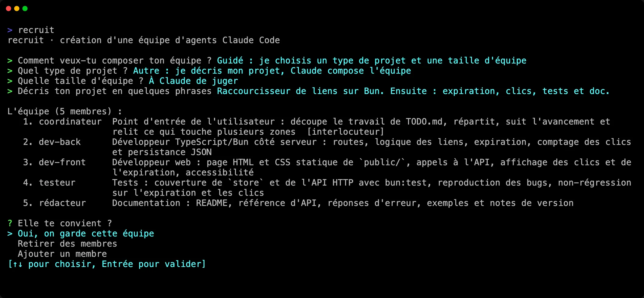Claude lit le projet et compose une équipe d’après sa description