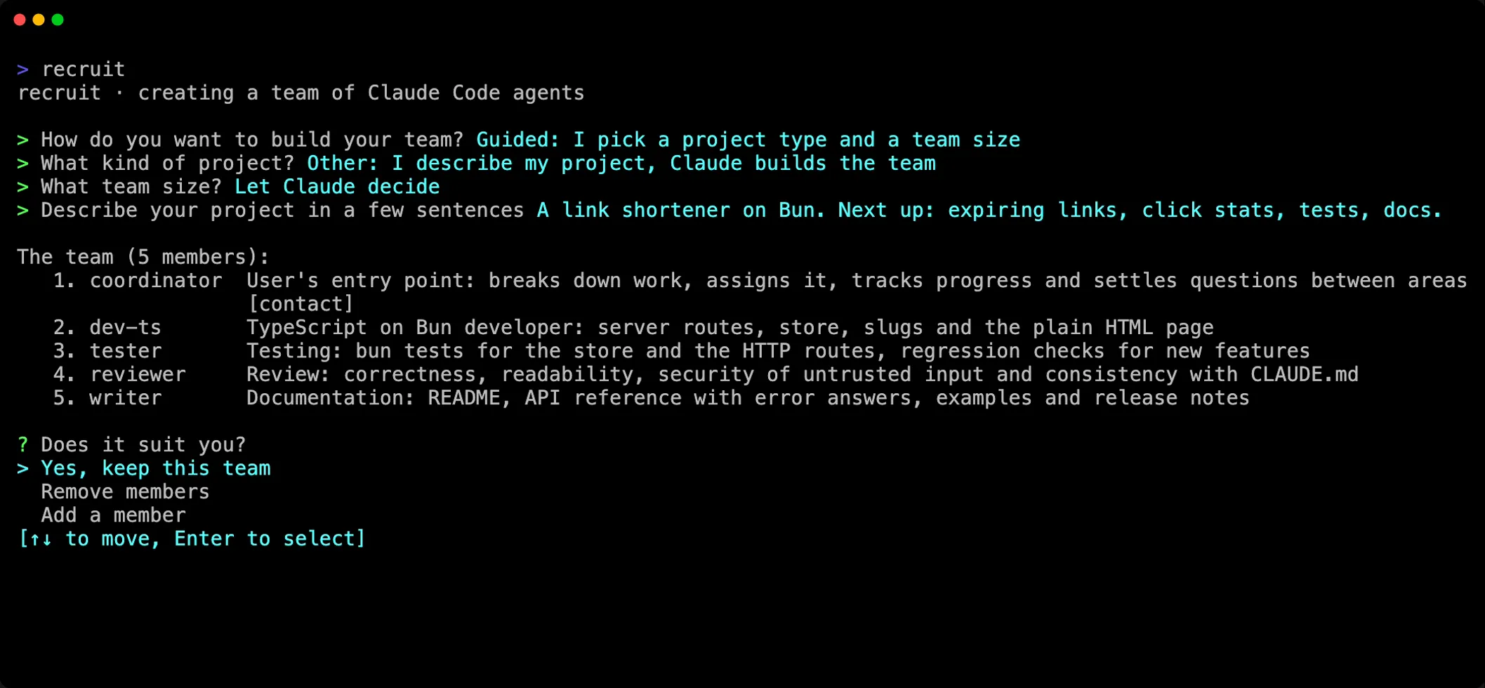 Claude reads the project and composes a team from its description
