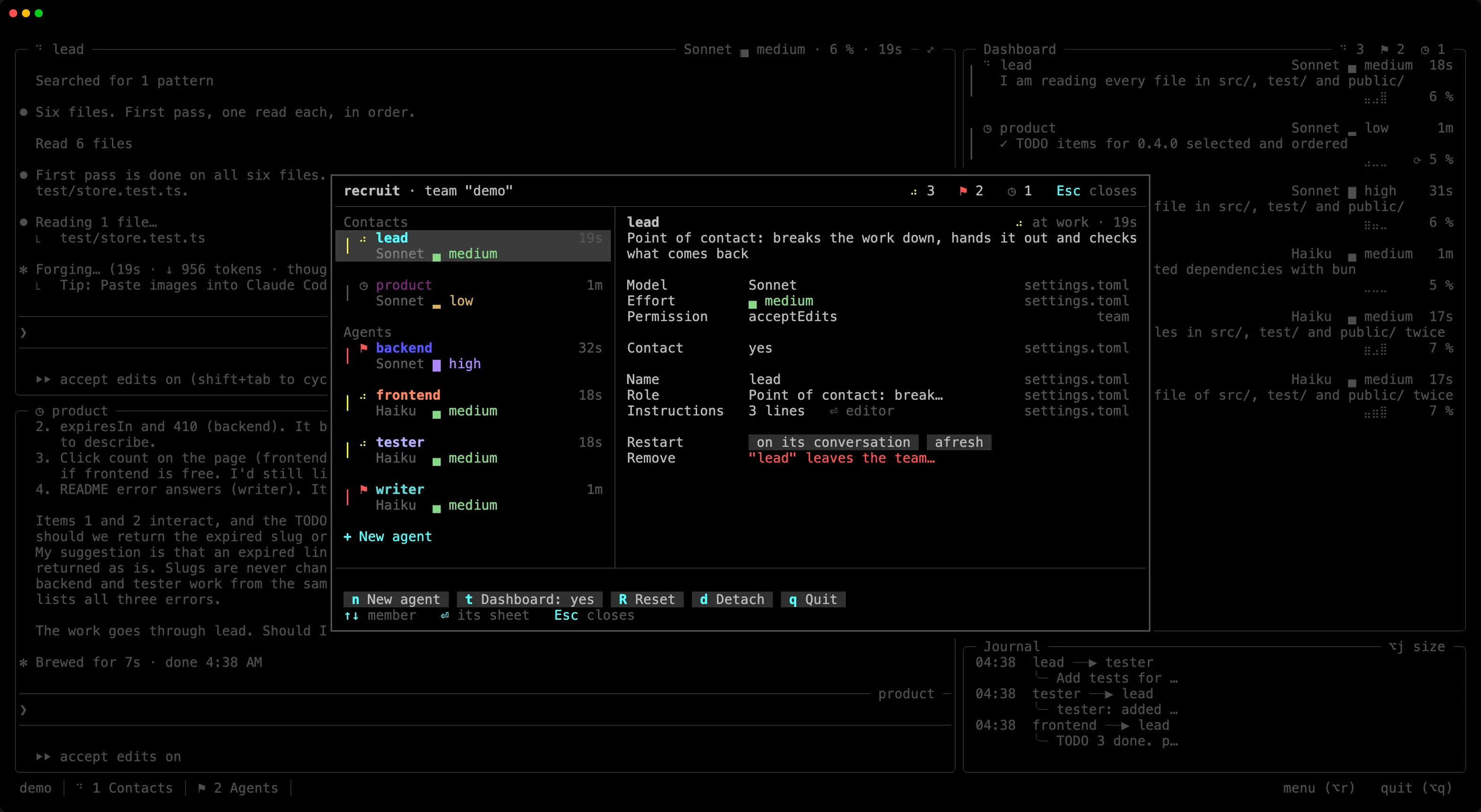 The recruit menu: a member’s card with its model, effort, role and instructions, next to the list of the team.