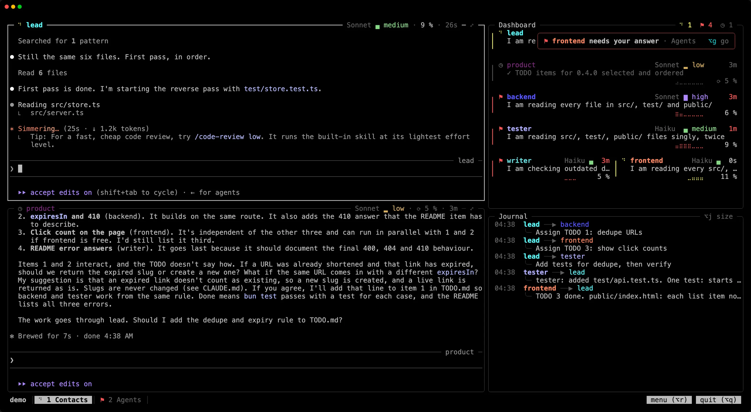A member out of sight waits for an answer: “frontend needs your answer” at the top right, and ⚑ on its tab in the bar